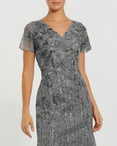 Gray Embellished V Neck Cap Sleeve Trumpet Gown - FINAL SALE